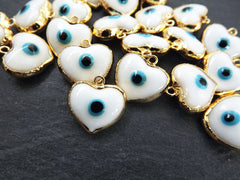 White Heart Evil Eye Charm Pendant, Glass Lampwork Evil Eye, Amulet, Protective, Lucky, Handmade, 22k Shiny Gold Plated Bezel 1pc