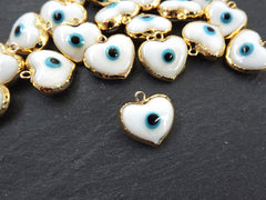 White Heart Evil Eye Charm Pendant, Glass Lampwork Evil Eye, Amulet, Protective, Lucky, Handmade, 22k Shiny Gold Plated Bezel 1pc