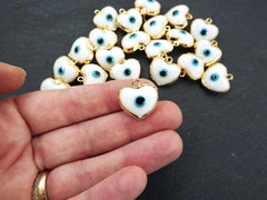 White Heart Evil Eye Charm Pendant, Glass Lampwork Evil Eye, Amulet, Protective, Lucky, Handmade, 22k Shiny Gold Plated Bezel 1pc