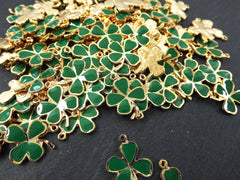 3 Shamrock Charms, Green Enamel Four Leaf Clover Charm, Lucky Charm, Irish Charm, St Patrick's Day, 22k Matte Gold Plated