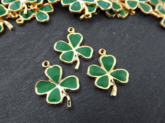 3 Shamrock Charms, Green Enamel Four Leaf Clover Charm, Lucky Charm, Irish Charm, St Patrick's Day, 22k Matte Gold Plated