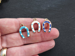 3 Horseshoe Charms, Blue Enamel Small Horse Shoe Charms, Lucky Charm, 22k Matte Gold Plated, 3pc