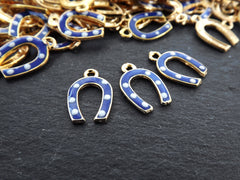 3 Horseshoe Charms, Blue Enamel Small Horse Shoe Charms, Lucky Charm, 22k Matte Gold Plated, 3pc