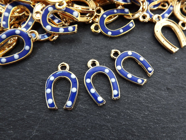 3 Horseshoe Charms, Blue Enamel Small Horse Shoe Charms, Lucky Charm, 22k Matte Gold Plated, 3pc