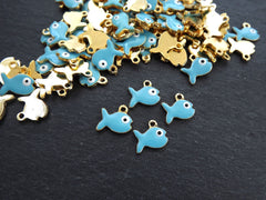 4 Enamel Fish Charms, Turquoise Blue Enamel Small Fish Pendant Charms, Lucky Charm, 22k Matte Gold Plated, 4pc