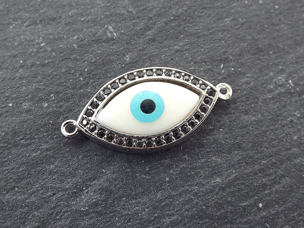 Evil Eye Charm Bracelet Connector, White Elipse Eye Pendant, Protective Talisman, Black Rhinestone Pave, Shiny Silver Plated, 1PC