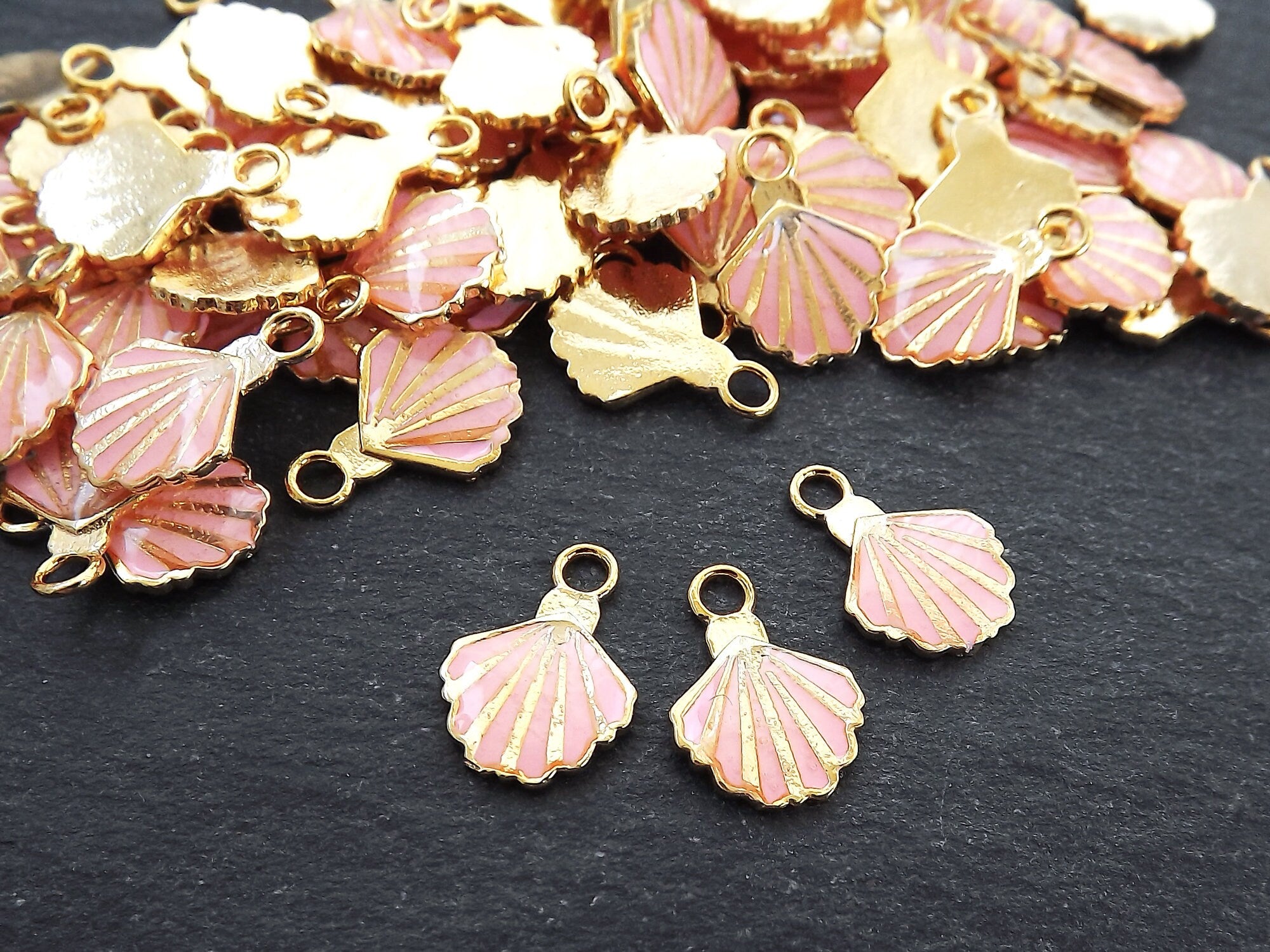 3 Shell Charms, Peach Enamel Small Shell Pendant Charms, Scallop Shell, Seashell Charms, Beach Charm, 22k Matte Gold Plated, 3pc