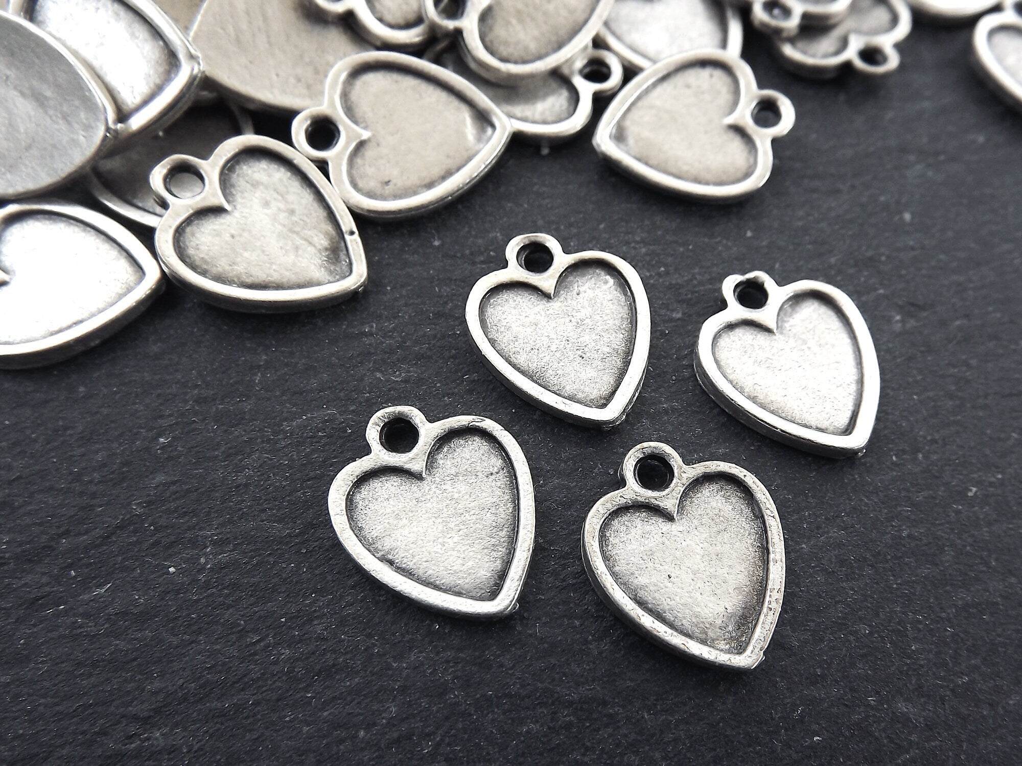 Heart Charms, Small Heart Pendants with Raised Edges, Charms For Earring, Heart Necklace Bracelet Charms, Matte Antique Silver Plated, 4pc