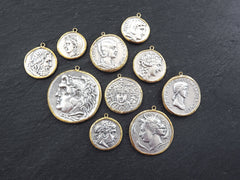 Greek Coin Pendant Gold Frame Bezel, Julia Domna Coin, Medallion Charm, Ancient Greek Coin, Shiny Gold, Antique Silver Plated, No:5