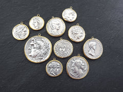 Greek Coin Pendant Gold Frame Bezel, Agrippina Coin, Medallion Charm, Ancient Greek Coin, Shiny Gold, Antique Silver Plated, No:6