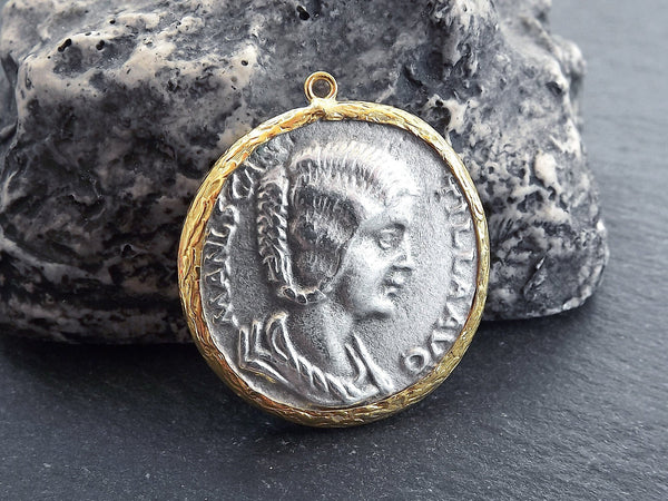 Greek Coin Pendant Gold Frame Bezel, Julia Domna Coin, Medallion Charm, Ancient Greek Coin, Shiny Gold, Antique Silver Plated, No:5