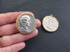 Greek Coin Pendant Gold Frame Bezel, Julia Domna Coin, Medallion Charm, Ancient Greek Coin, Shiny Gold, Antique Silver Plated, No:5