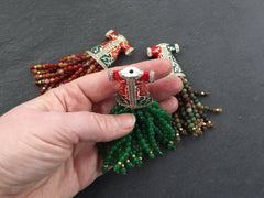Green Tassel Pendant, Jade Stone Beaded Tassel, Gemstone Fringe, Enamel Pendant, Crystal Accents Antique Bronze, 1pc