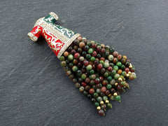 Green Tassel Pendant, Autumn Green Jade Stone Beaded Tassel, Gemstone Fringe, Enamel Pendant, Crystal Accents Antique Bronze, 1pc