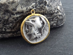 Greek Coin Pendant Gold Frame Bezel, Athena, Slinger and Triskeles, Medallion Charm, Ancient Greek Coin, Shiny Gold, Antique Silver Plated