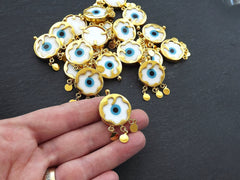 White Evil Eye Charm Gold Bezel Pendant, Glass Evil Eye Lampwork Amulet, Dangle Pendant, Protective, Lucky, Handmade, 1pc