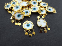 White Evil Eye Charm Gold Bezel Pendant, Glass Evil Eye Lampwork Amulet, Dangle Pendant, Protective, Lucky, Handmade, 1pc