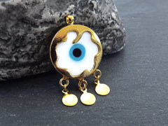 White Evil Eye Charm Gold Bezel Pendant, Glass Evil Eye Lampwork Amulet, Dangle Pendant, Protective, Lucky, Handmade, 1pc