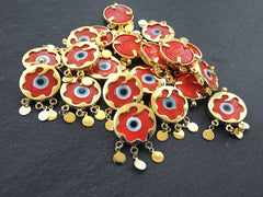 Orange Evil Eye Charm Gold Bezel Pendant, Glass Evil Eye Lampwork Amulet, Dangle Pendant, Protective, Lucky, Handmade, 1pc