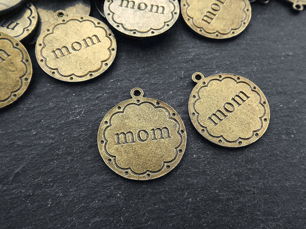 Mom Charm Pendant, Bronze Mother, Mama, Mommy, Mom Disc Charms, Antique Bronze Plated, 2pc