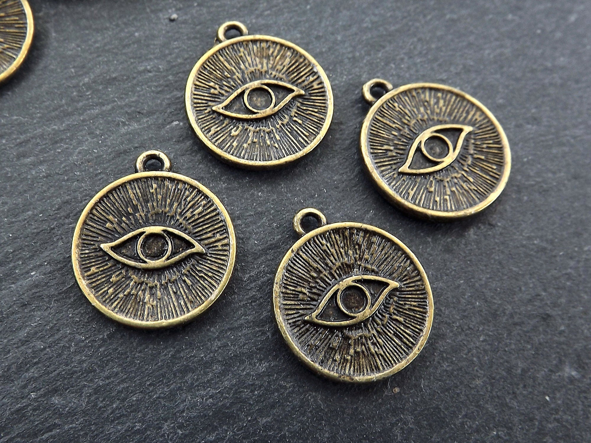 Evil Eye Pendant Charms, Engraved Evil Eye, Eye Of The Beholder, Good Luck, Protective Amulet Talisman, Antique Bronze Plated 4pc