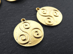 Gold Celtic Triskelion Pendants, Round Rustic Triskele Amulet Pendant Charms, Rustic Jewelry, Artisan Charm, 22k Matte Gold Plated, 2pc