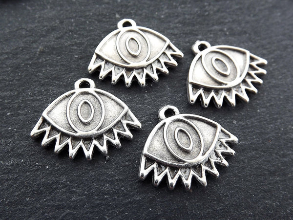 Evil Eye Pendant Charms, Eyelash Evil Eye, Eye Of The Beholder, Good Luck, Protective Amulet Talisman, Matte Antique Silver, 4pc