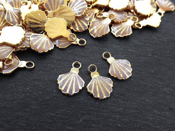 3 Shell Charms, Lilac Mauve Enamel Small Shell Pendant Charms, Scallop Shell, Seashell Charms, Beach Charm, 22k Matte Gold Plated, 3pc