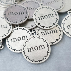 Mom Charm Pendant, Silver Mother, Mama, Mommy, Mom Disc Charms, Matte Antique Silver Plated, 2pc