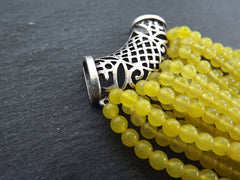 Yellow Jade Gemstone Beaded Fringe Tassel Pendant, Matte Antique Silver Plated Filigree Bail Cap, 1pc