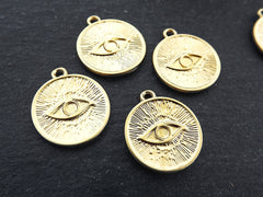 Evil Eye Pendant Charms, Engraved Evil Eye, Eye Of The Beholder, Good Luck, Protective Amulet Talisman, 22k Matte Gold Plated 4pc