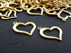 Small Organic Heart Pendant Charms, Cut Out Heart Shape Loop Link, Smooth Rustic Golden Heart,  22k Matte Gold Plated, 2pc