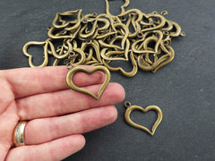 Small Organic Heart Pendant Charms, Cut Out Heart Shape Loop Link, Smooth Rustic Bronze Heart, Antique Bronze Plated, 2pc