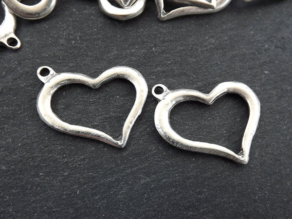 Small Organic Heart Pendant Charms, Cut Out Heart Shape Loop Link, Smooth Rustic Silver Heart,  Matte Antique Silver, 2pc