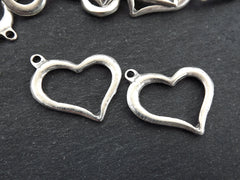 Small Organic Heart Pendant Charms, Cut Out Heart Shape Loop Link, Smooth Rustic Silver Heart,  Matte Antique Silver, 2pc