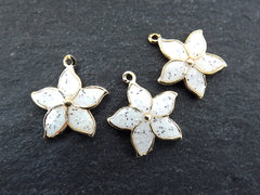 3 White Enamel Flower Charms, Mini Flower Pendants, Enamel Charms, For Jewelry Making, 22k Gold Plated, 3pcs