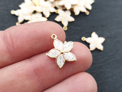 3 White Enamel Flower Charms, Mini Flower Pendants, Enamel Charms, For Jewelry Making, 22k Gold Plated, 3pcs