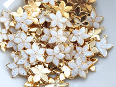 3 White Enamel Flower Charms, Mini Flower Pendants, Enamel Charms, For Jewelry Making, 22k Gold Plated, 3pcs