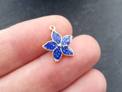 3 Blue Enamel Flower Charms, Mini Flower Pendants, Enamel Charms, For Jewelry Making, Royal Blue, 22k Gold Plated, 3pcs