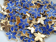 3 Blue Enamel Flower Charms, Mini Flower Pendants, Enamel Charms, For Jewelry Making, Royal Blue, 22k Gold Plated, 3pcs