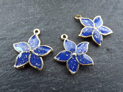 3 Blue Enamel Flower Charms, Mini Flower Pendants, Enamel Charms, For Jewelry Making, Royal Blue, 22k Gold Plated, 3pcs