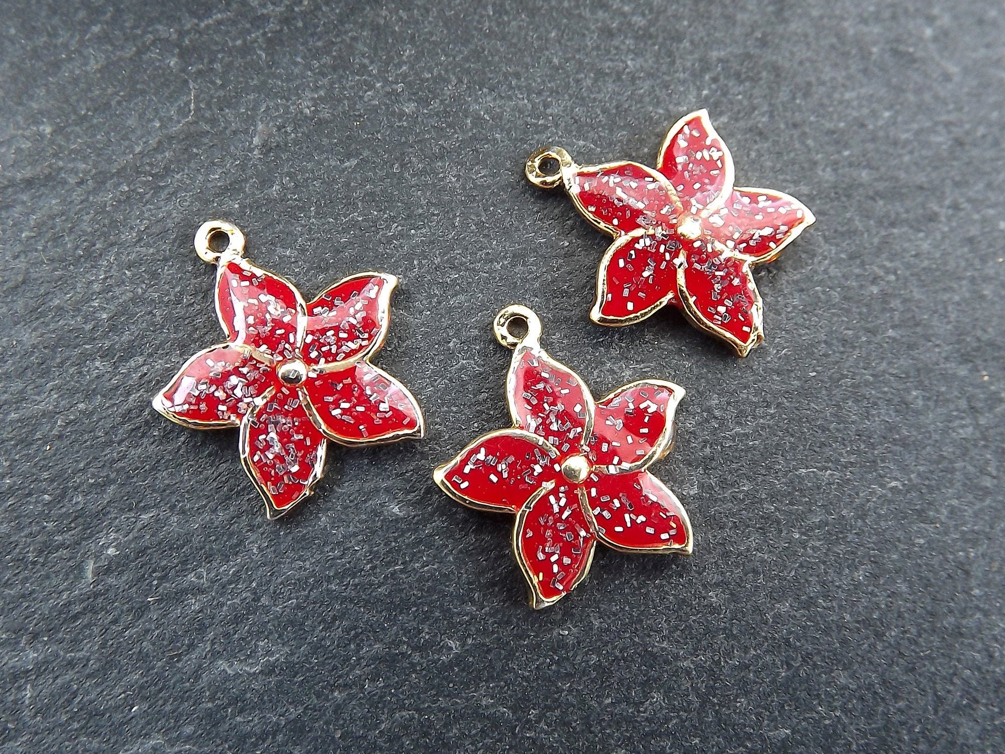 3 Red Enamel Flower Charms, Mini Flower Pendants, Enamel Charms