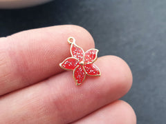 3 Red Enamel Flower Charms, Mini Flower Pendants, Enamel Charms, For Jewelry Making, 22k Gold Plated, 3pcs