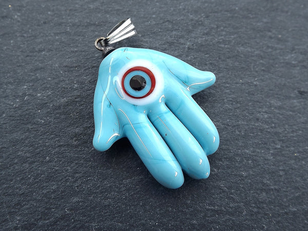 Hamsa Evil Eye Charm Pendant, Glass Hamsa Hand Pendant, Nazar Turkish Eye, Lampwork, Amulet, Protective, Lucky, Handmade, Turquoise Blue 1pc
