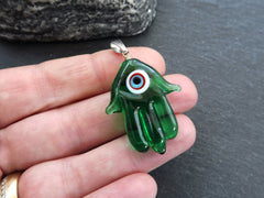 Hamsa Evil Eye Charm Pendant, Glass Hamsa Hand Pendant, Nazar Turkish Eye, Lampwork, Amulet, Protective, Lucky, Handmade, Green, 1pc