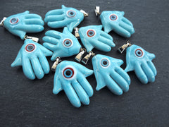 Hamsa Evil Eye Charm Pendant, Glass Hamsa Hand Pendant, Nazar Turkish Eye, Lampwork, Amulet, Protective, Lucky, Handmade, Turquoise Blue 1pc