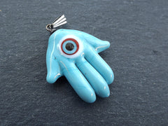 Hamsa Evil Eye Charm Pendant, Glass Hamsa Hand Pendant, Nazar Turkish Eye, Lampwork, Amulet, Protective, Lucky, Handmade, Turquoise Blue 1pc