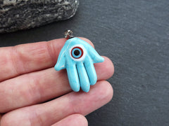 Hamsa Evil Eye Charm Pendant, Glass Hamsa Hand Pendant, Nazar Turkish Eye, Lampwork, Amulet, Protective, Lucky, Handmade, Turquoise Blue 1pc