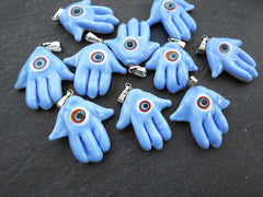 Hamsa Evil Eye Charm Pendant, Glass Hamsa Hand Pendant, Nazar Turkish Eye, Lampwork, Amulet Protective, Lucky, Handmade, Cornflower Blue 1pc