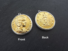 Greek Coin Pendant Gold Frame Bezel, Julia Domna Coin, Medallion Charm, Ancient Greek Coin, Shiny Gold Coin, Silver Plated Bezel, No:2